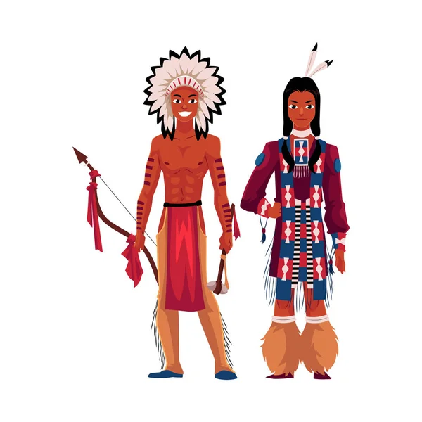 Nativo americano indiana homem sem camisa no penas cobertura para a cabeça, tribal camisa — Vetor de Stock