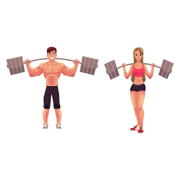 Man och kvinna kroppsbyggare, tyngdlyftare tränar, träning med skivstång — Stock vektor