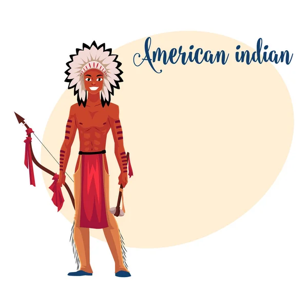 Native American Indier in veren hoofdtooi, breechcloth, lederen broek — Stockvector