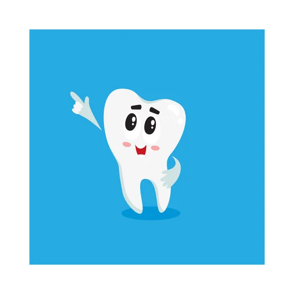Смішний блискучий білий зуб символ вказує на щось з пальцем — стоковий вектор