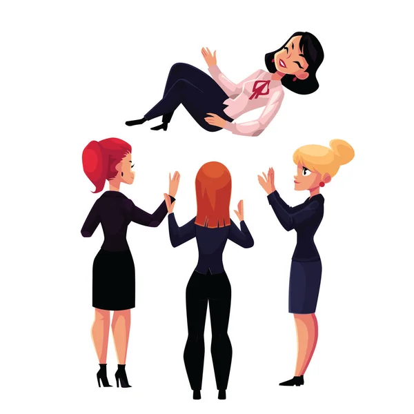 Vrouwelijke ondernemers hun leider, baas, collega gooien in de lucht viert succes — Stockvector