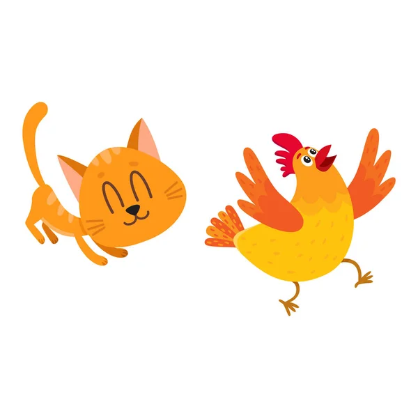 Funny red cat, kitten character chasing, playing with chicken — Stock Vector