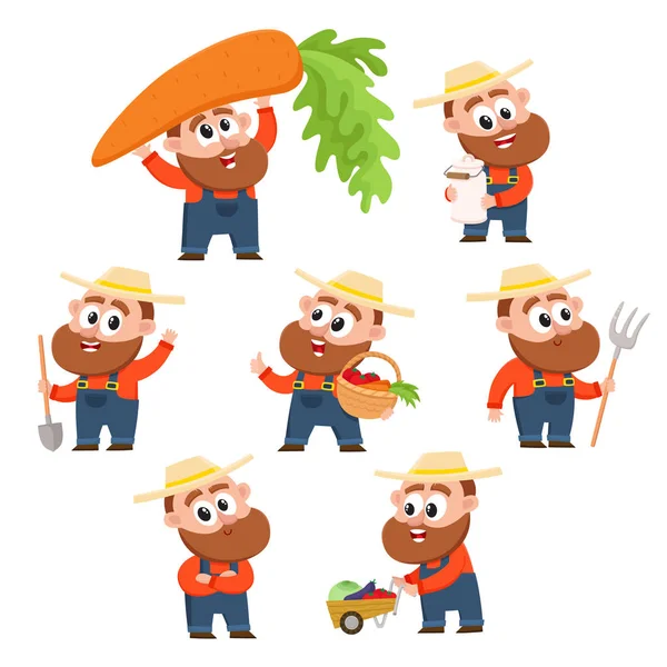 Granjero divertido, personaje de jardinero en diferentes poses — Vector de stock