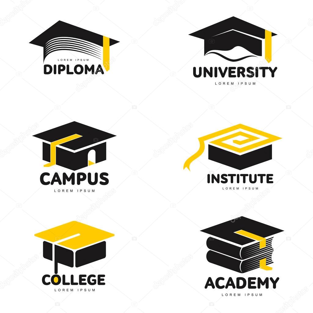 Graphic, black and white square academic, graduation cap logo templates