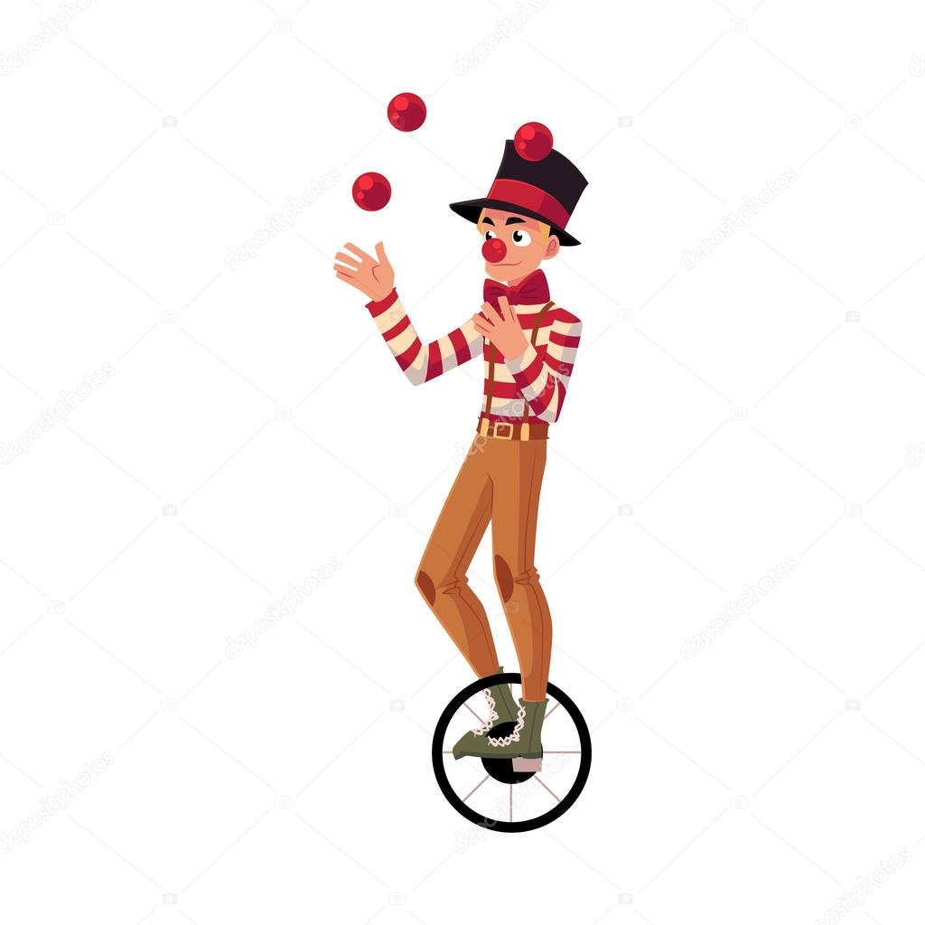 Funny clown juggling balls while riding unicycle, one wheeled bicycle