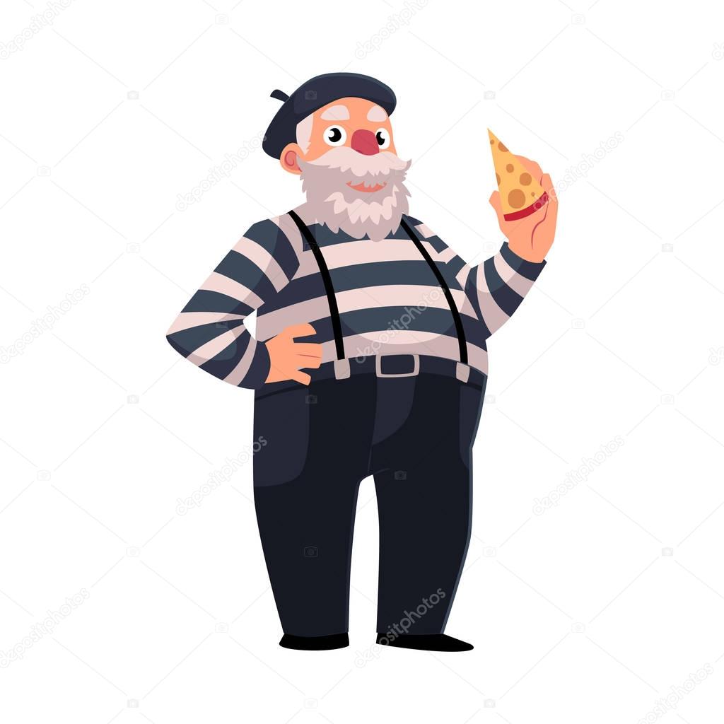 Grey haired, fat French mime in traditional clothing holding cheese