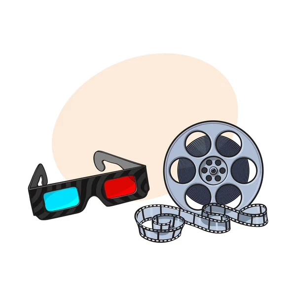 Modrá červená stereoskopické 3d brýle a kino film naviják — Stockový vektor