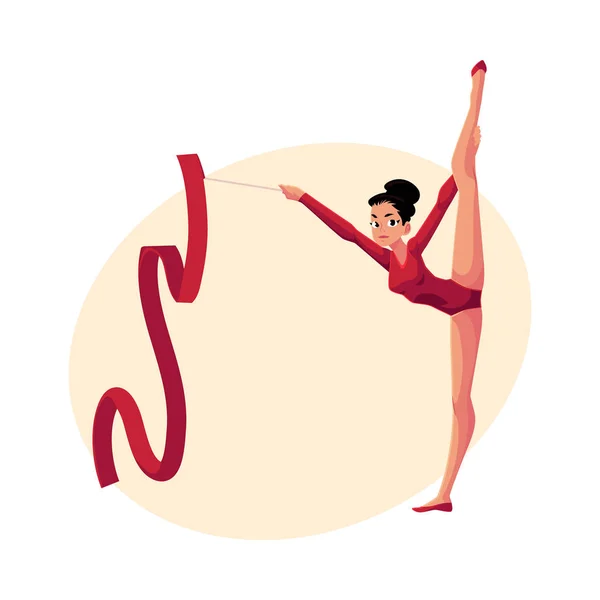 Chica de pie en vertical pierna partida, gimnasia rítmica con cinta — Vector de stock