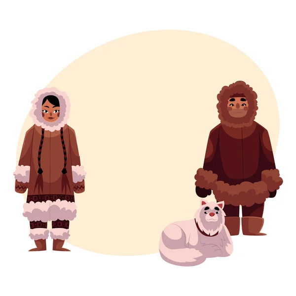 Esquimal, pareja inuit en ropa de invierno caliente con perro de trineo — Archivo Imágenes Vectoriales