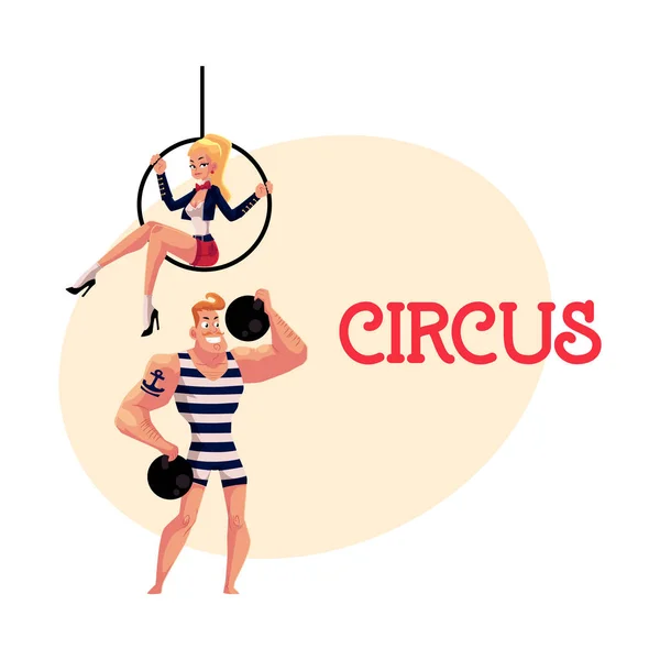 Circus performers - strongman and acrobat gymnast sitting on aerial hoop — Stock Vector