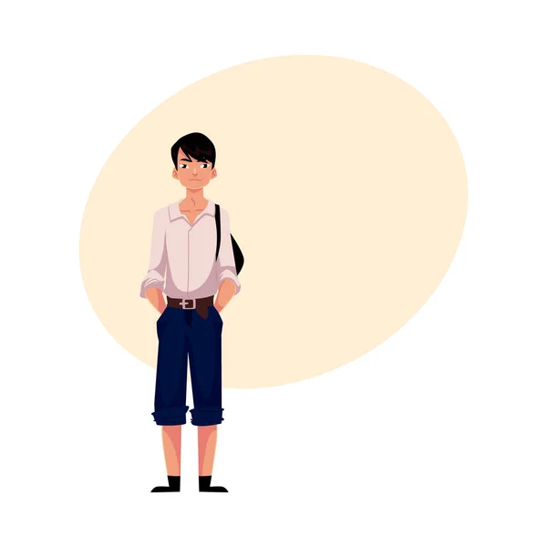 Japanse teenage schooljongen in typische uniform dragen shirt en broek — Stockvector