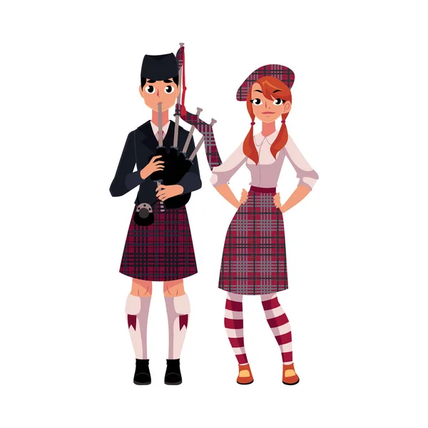 Bagpiper, gaitero y escocesa con ropa nacional, boina, falda escocesa — Vector de stock