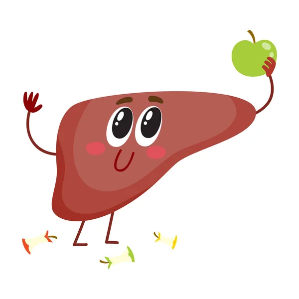 Carino e divertente, sorridente personaggio del fegato umano con mela in mano — Vettoriale Stock