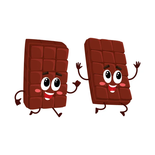 Divertidos personajes de chocolate, uno persiguiendo, corriendo tras el otro — Vector de stock