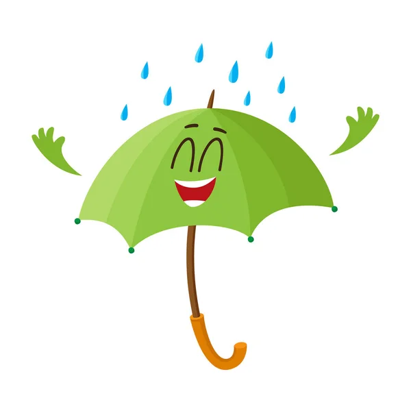 Funny green umbrella character with smiling human face under rain — Stock Vector