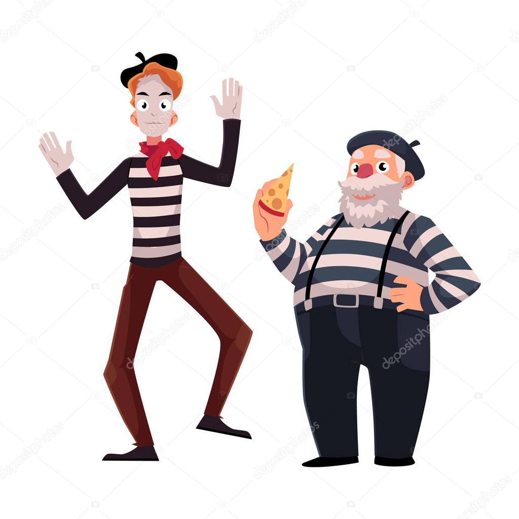 Two French mimes, young and old, in traditional costumes