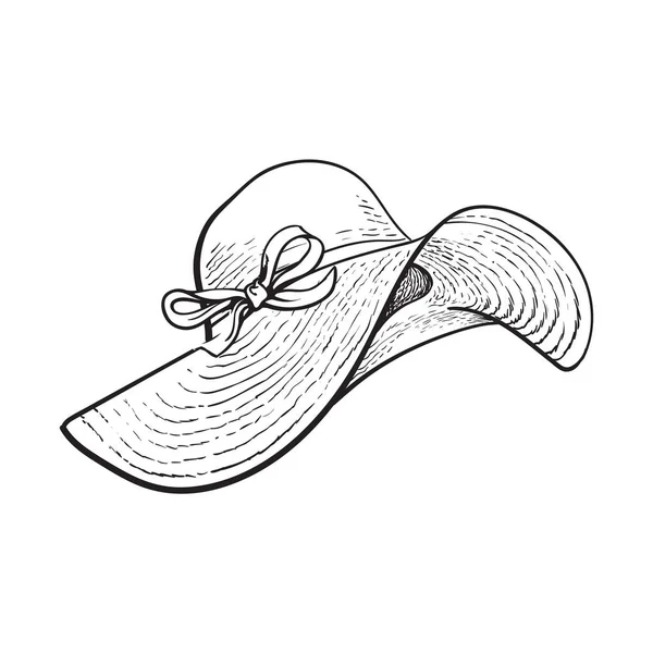 Μοντέρνα ψάθινο καπέλο με ευρύ πτερύγια, το χαρακτηριστικό διακοπές το καλοκαίρι — Διανυσματικό Αρχείο