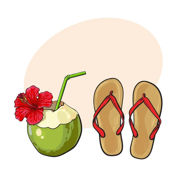 Pair of flip flops and coconut drink, summer vacation attributes — Stock Vector