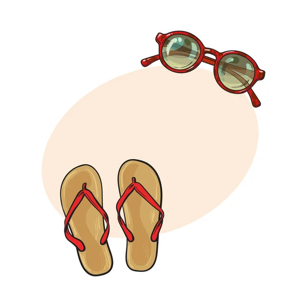 Chanclas y gafas de sol redondas, objetos de verano, atributos de vacaciones — Vector de stock