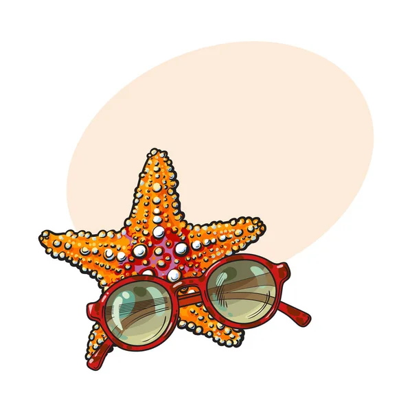 Estrellas de mar dibujadas a mano y gafas de sol redondas en marco de plástico rojo — Vector de stock