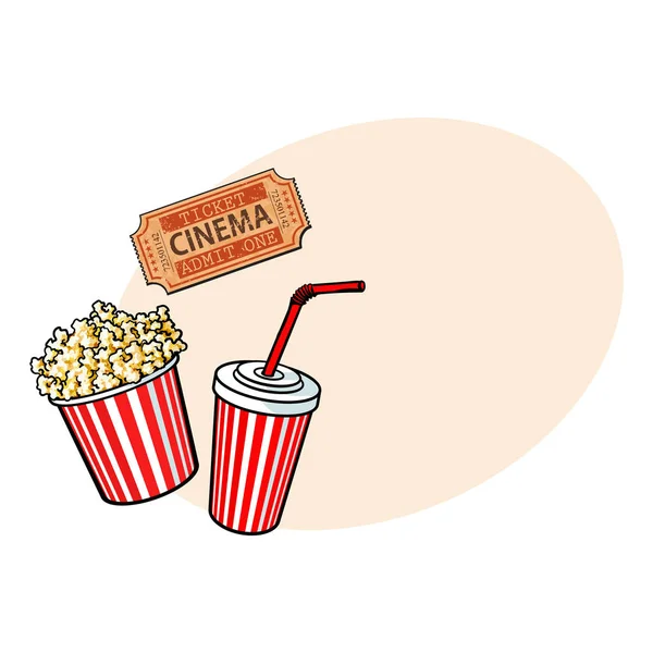 Objetos de cine - cubo de palomitas de maíz, agua de soda y ticket de estilo retro — Vector de stock