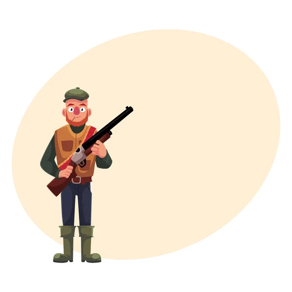 Chasseur drôle en gilet de chasse et bottes en caoutchouc tenant fusil — Image vectorielle