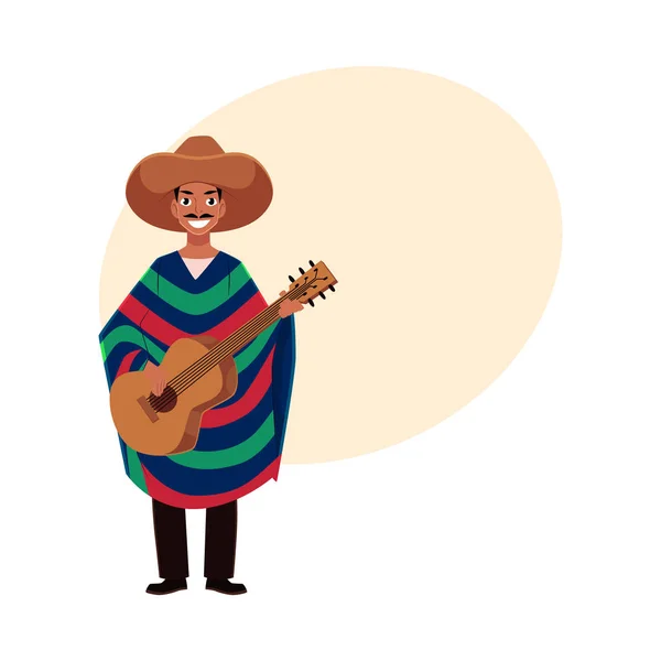 Hombre mexicano en sombrero nacional tradicional y poncho tocando la guitarra — Vector de stock