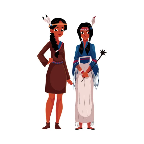 美国原住民印度女人的传统鹿皮裙子和部落的衬衫 — 图库矢量图片