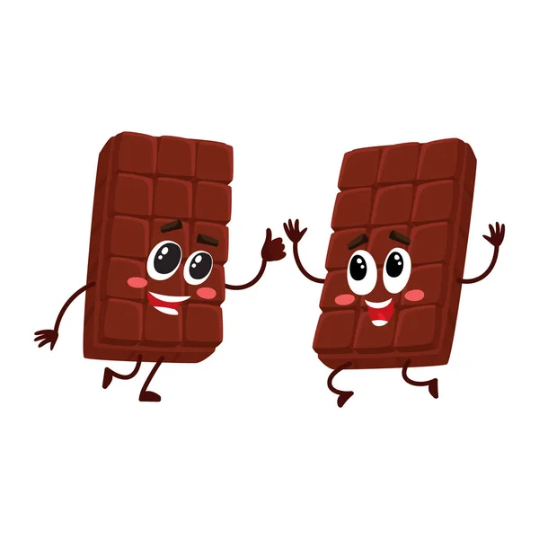 Два смешных персонажа шоколадных батончиков, прыгающих от счастья и волнения — стоковый вектор