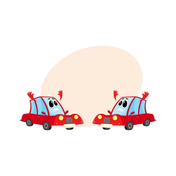 Dos coches rojos divertidos, personajes de automóviles absolutamente consternados y desesperados — Vector de stock