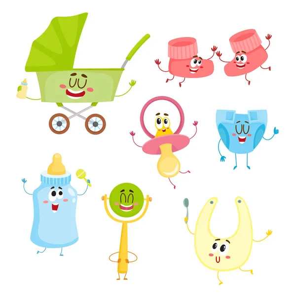 Artigos de criança, personagens de fornecimento de cuidados com o bebê com rostos humanos — Vetor de Stock
