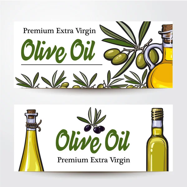 Bannières avec branches d'olivier, bouteilles d'huile et place pour le texte — Image vectorielle