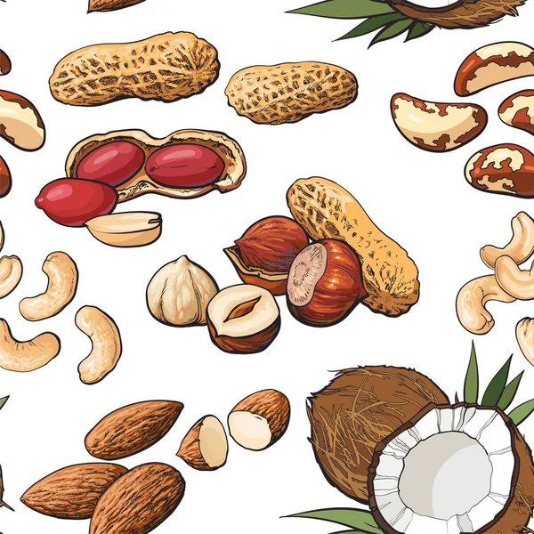 Varrat nélküli mintát a különböző nuts-fehér háttér, — Stock Vector