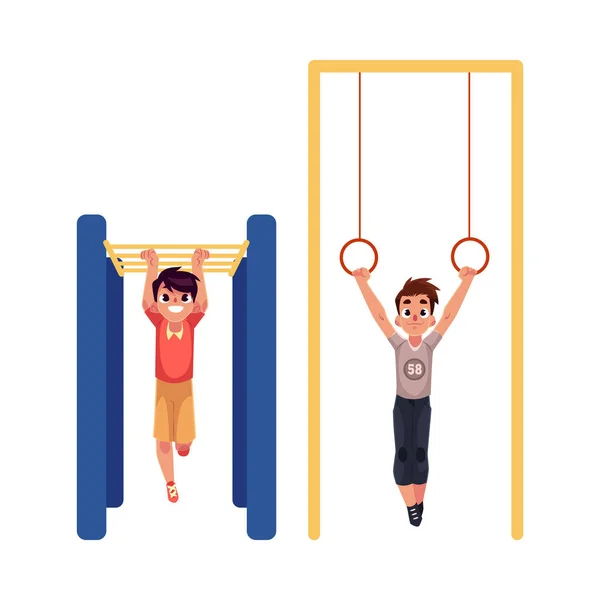 Jongens opknoping op gymnastiek ringen en monkey bars op speelplaats — Stockvector