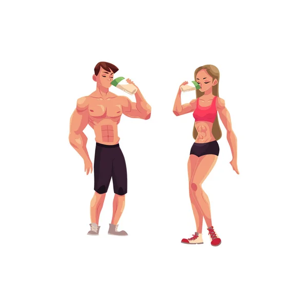 Man och kvinna kroppsbyggare, tyngdlyftare dricka protein shake efter träningen — Stock vektor