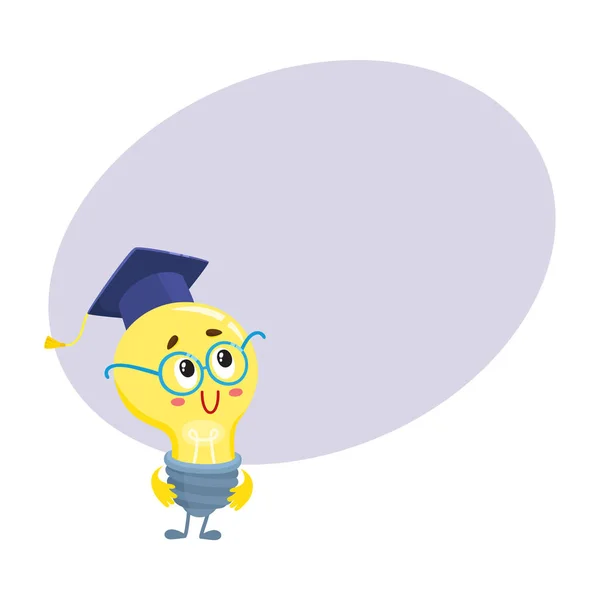 Cute light bulb character wearing round glasses and graduation cap