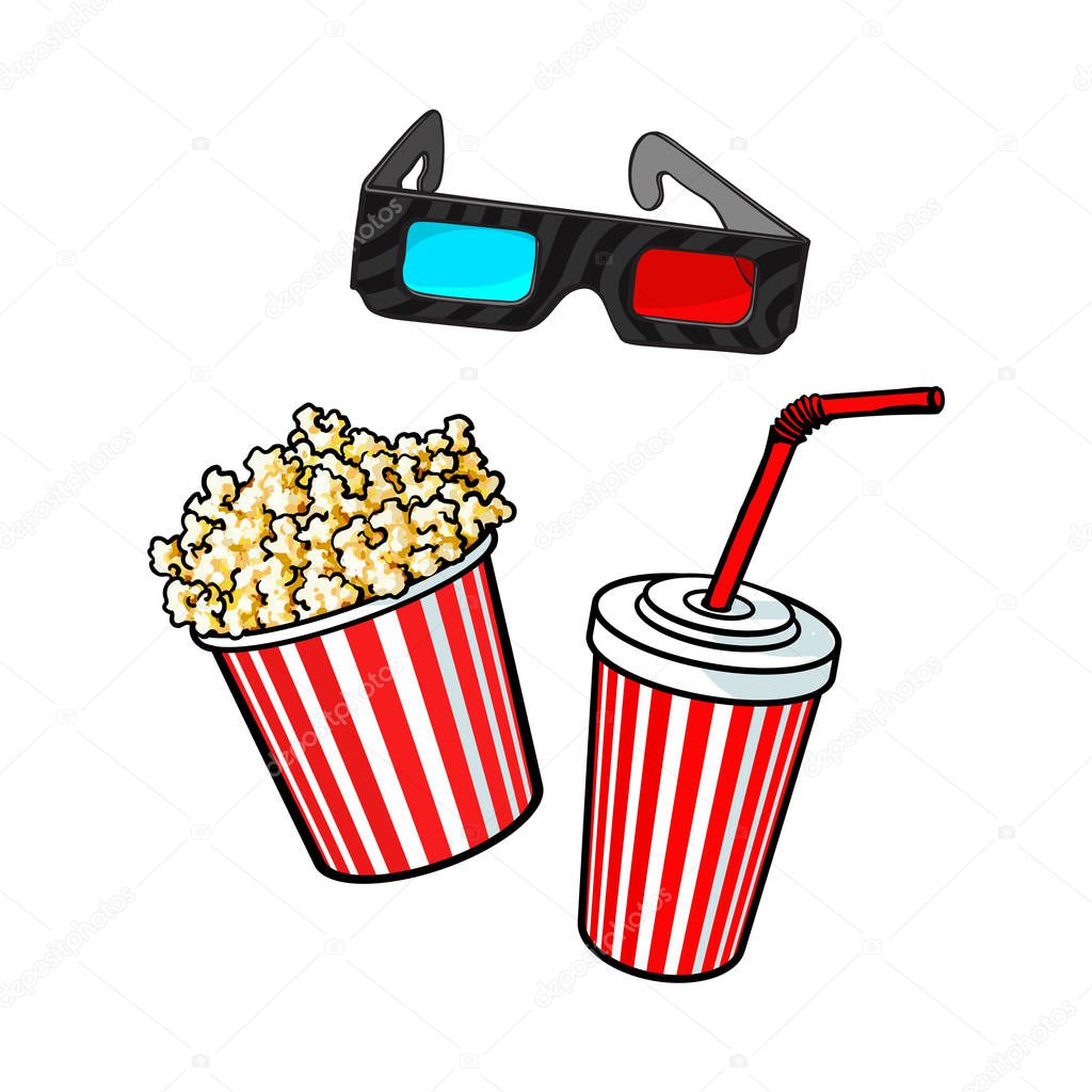 Cinema objects - popcorn bucket, 3d glasses and soda water