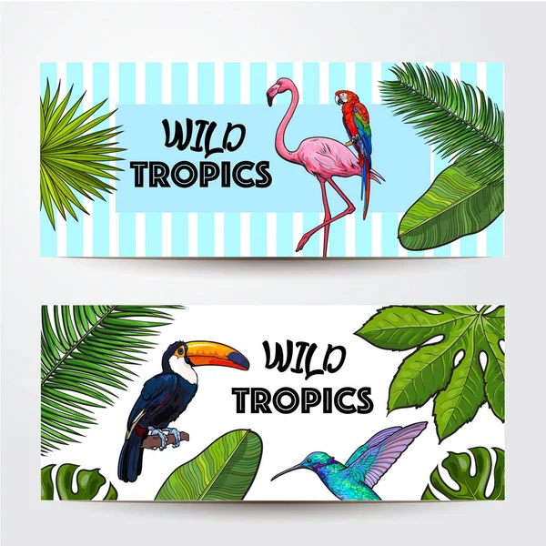 Banners with exotic, tropical birds, palm leaves and place for text