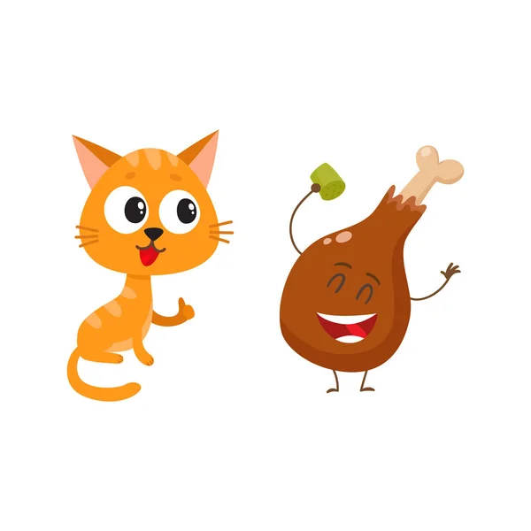 Gato rojo divertido, personaje gatito mirando de corazón a palo de pollo — Vector de stock