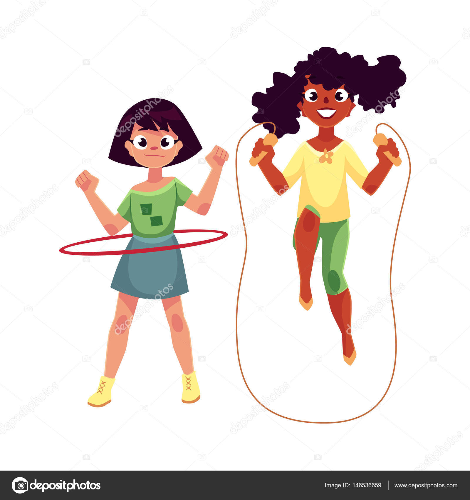 Two girls playing with jumping rope and hula hoop at playground â stock illustration