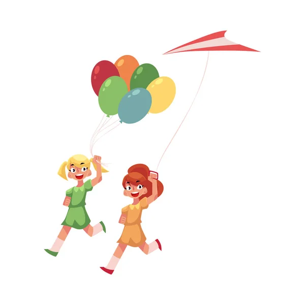 Две подружки-подростки бегают вместе с воздушными шарами и воздушным змеем — стоковый вектор