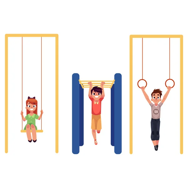 Crianças no parque infantil, penduradas em bares de macacos, anéis de ginástica, balançando — Vetor de Stock