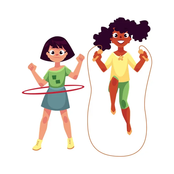 Twee meisjes spelen met touw en hula hoop op speelplaats springen — Stockvector