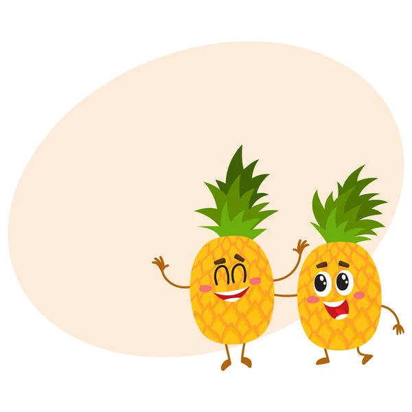 Dos lindos y divertidos personajes de piña, uno cosquillas el otro — Vector de stock