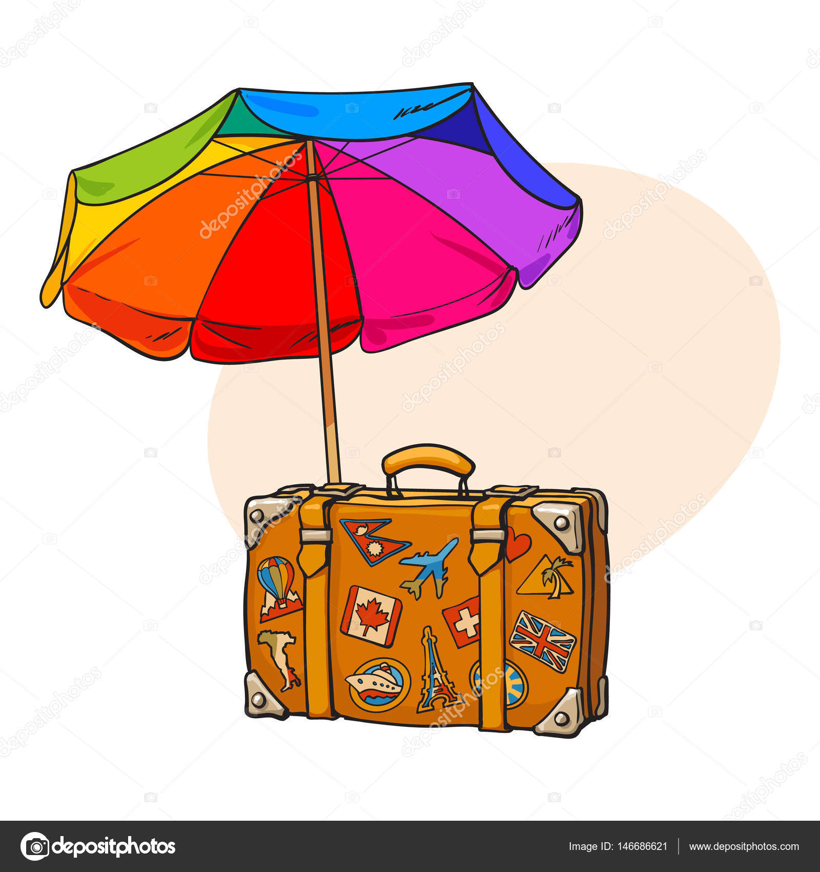 puur armoede Incident, evenement Regenboog gekleurde, open parasol en reizen koffer met bagage stickers  vectorafbeelding door © Sabelskaya ⬇ Vectorstock #146686621