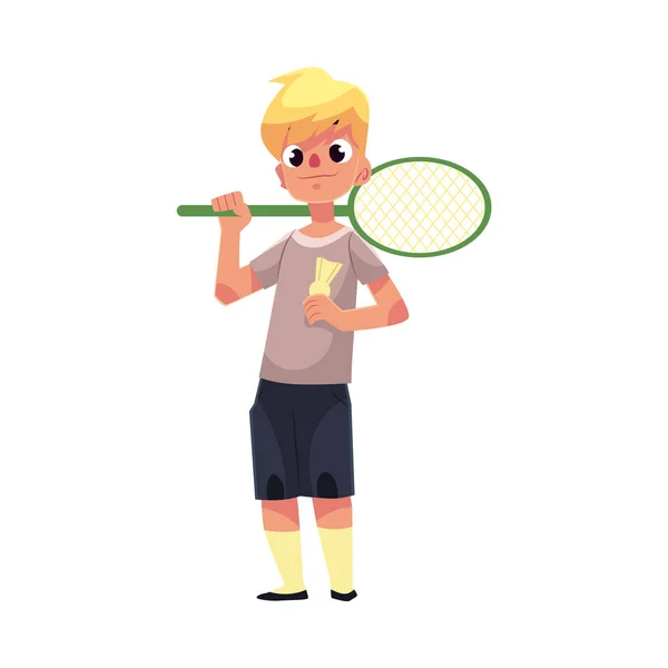 Adolescente caucásico chico halding bádminton raqueta y birdie — Vector de stock