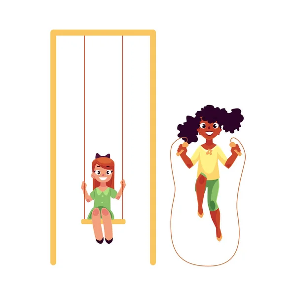 Deux filles jouant avec la corde sautante et se balançant à l'aire de jeux — Image vectorielle