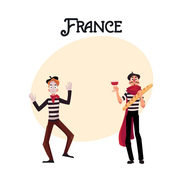 Two French mimes in traditional costumes, wine and baguette — Stock Vector