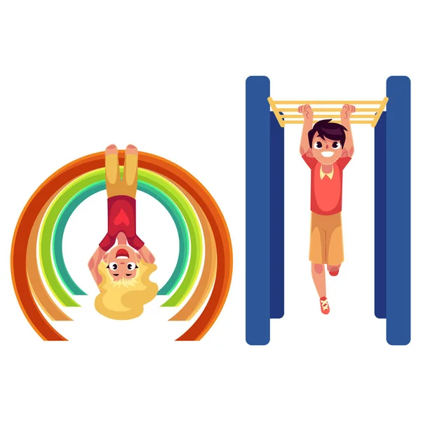 Pojke och flicka klättring, hängande på apa barer på lekplats — Stock vektor