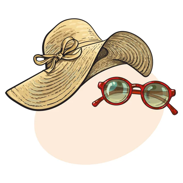 Slaměný klobouk s šířkovými klopami a sluneční brýle v červeném rámečku — Stockový vektor